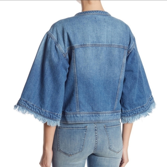 1. State Denim Jacket 3/4 Length Flared Frayed Sleeve Button Front Blue M NWT - Picture 10 of 16
